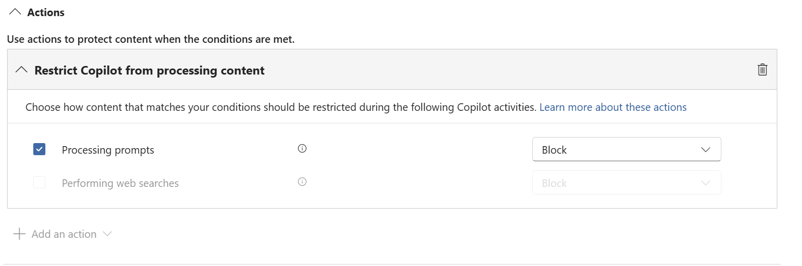 Restrict Copilot from processing content with Processing prompts selected and action Block