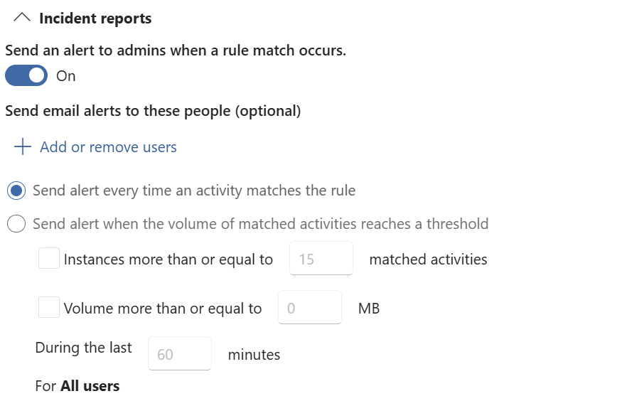 DLP incident reports with admin alerts on and alert for every activity match