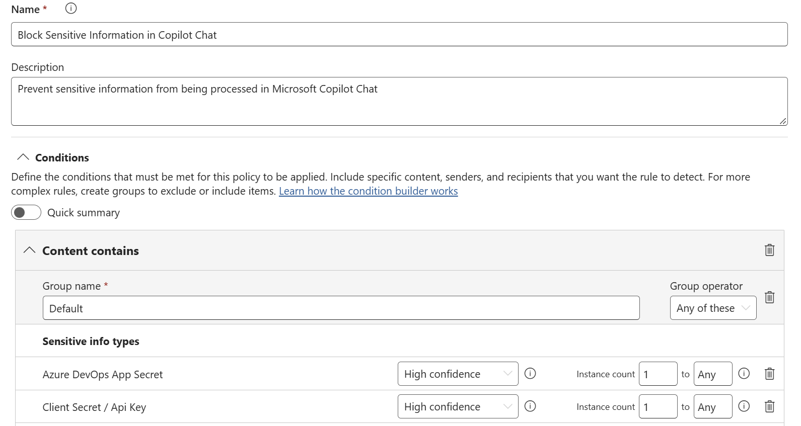 Microsoft Purview custom rule conditions showing sensitive information types and detection confidence