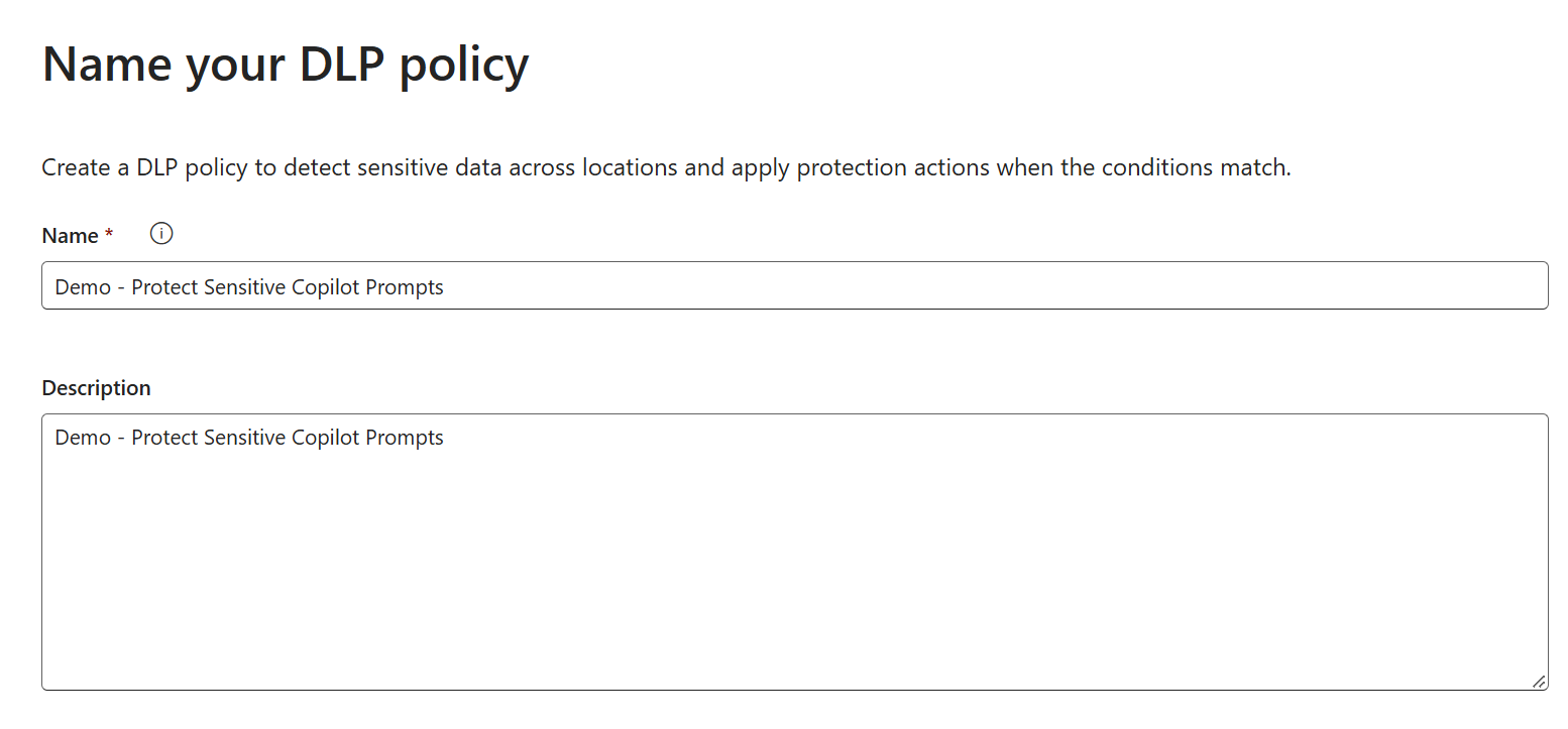 Purview Data Loss Prevention policy name and description in the demonstration tenant