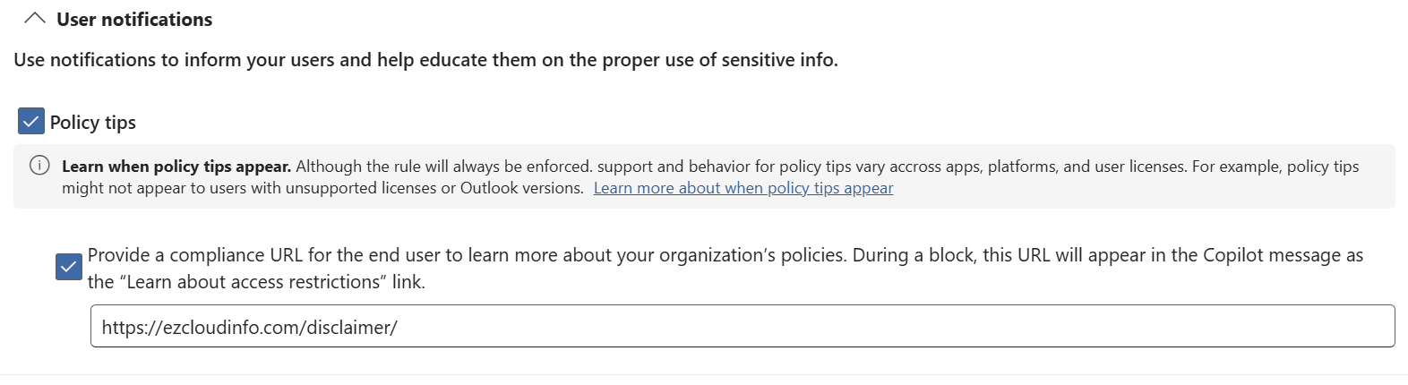 Policy tips enabled and demonstration compliance URL entered in Microsoft Purview DLP rule