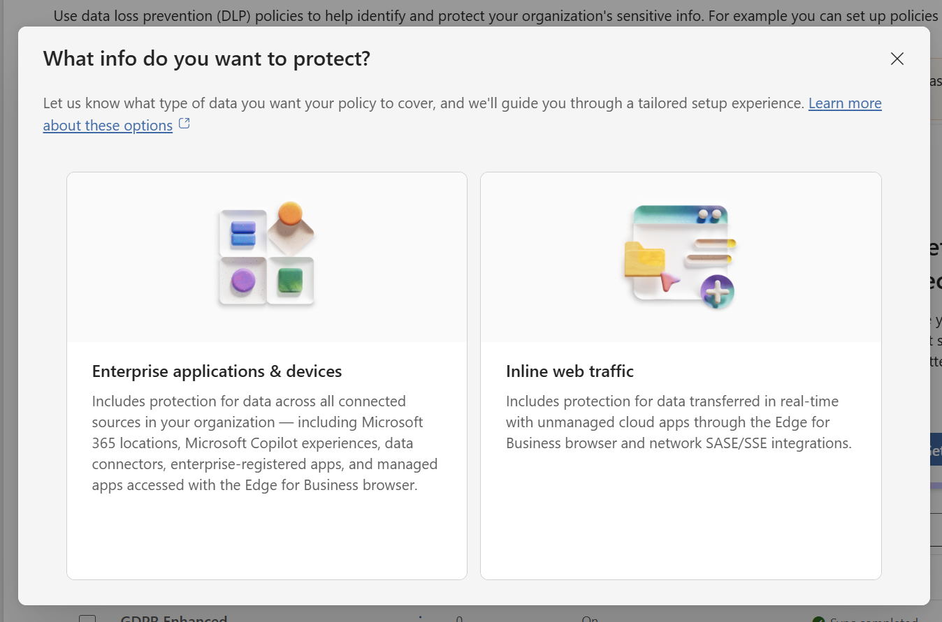 Enterprise applications and devices choice in Microsoft Purview Data Loss Prevention policy wizard