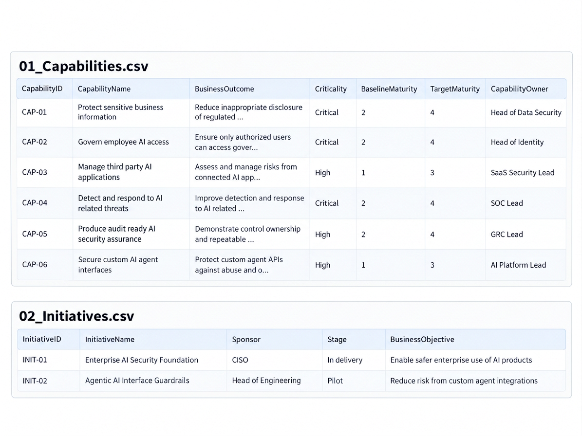 Synthetic sample data tables for AI security capabilities and associated initiatives