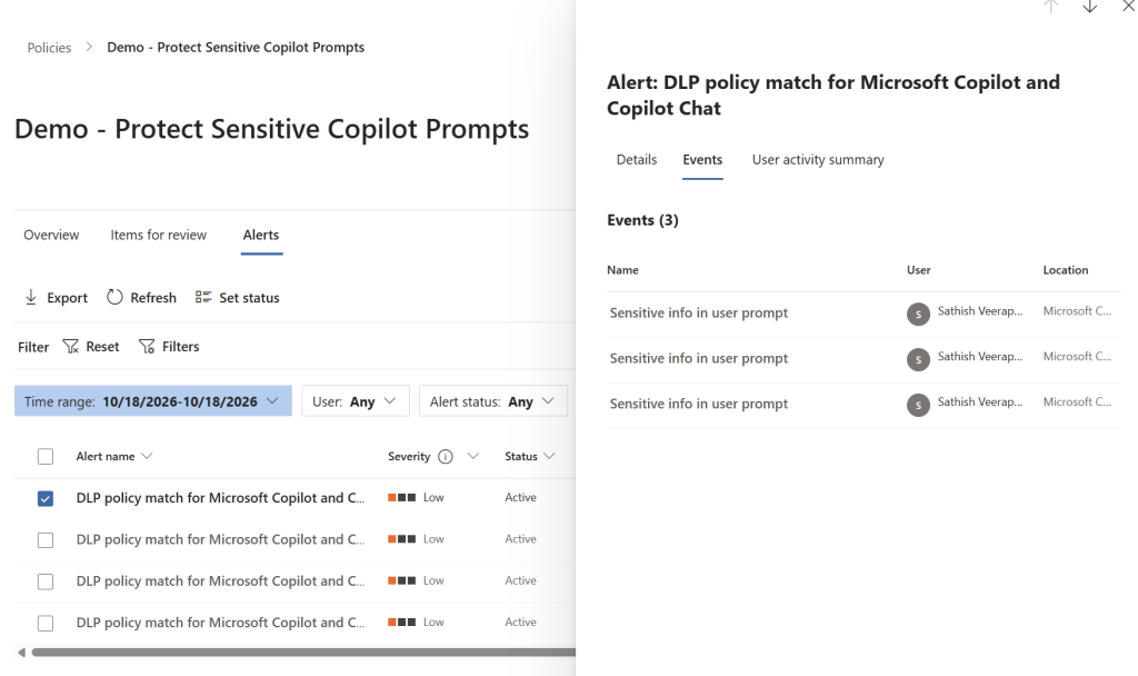 Microsoft Purview monitoring view showing DLP events for Copilot prompt protection