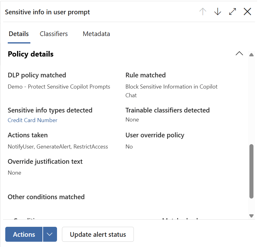 Expanded Microsoft Purview DLP event information used to investigate a prompt protection policy match