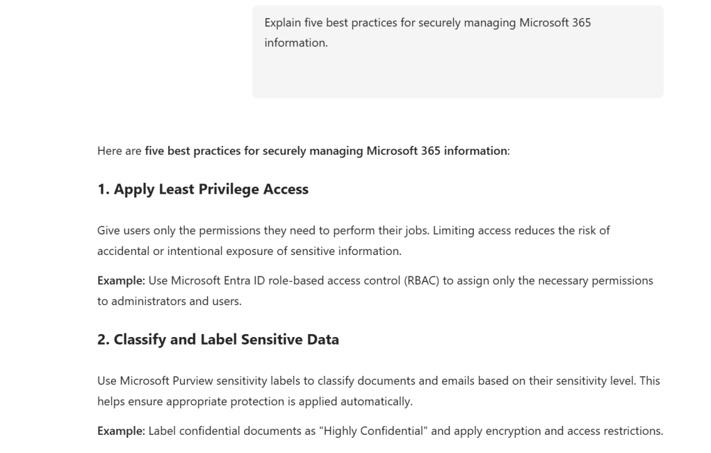 Microsoft 365 Copilot Chat responding to a normal prompt during the DLP demonstration